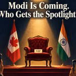 Empty VIP chair under a spotlight between Canadian and Indian flags, surrounded by cameras and phones.