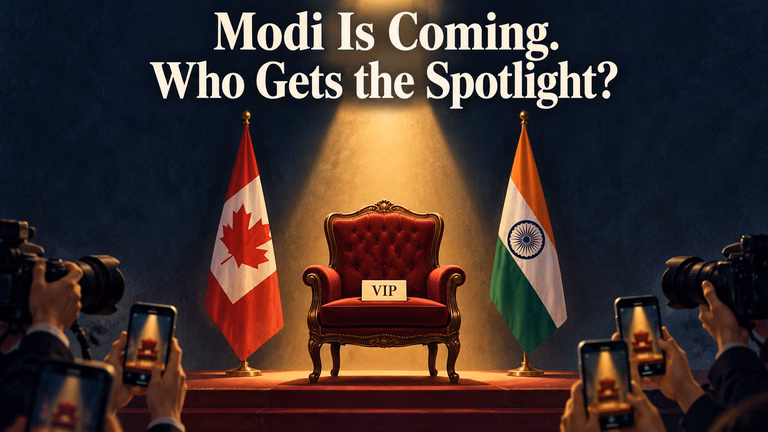 Empty VIP chair under a spotlight between Canadian and Indian flags, surrounded by cameras and phones.