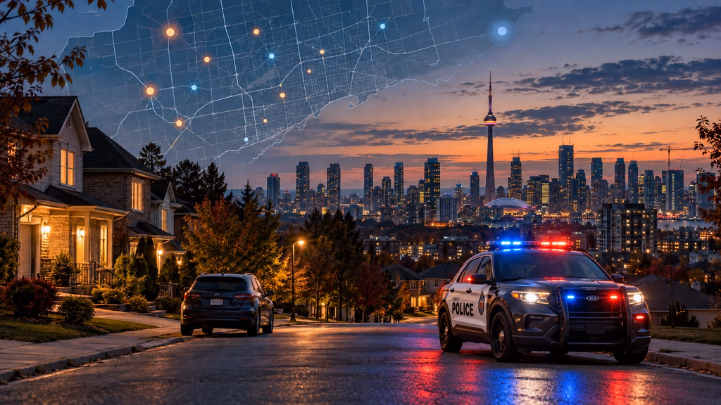Toronto Police cruiser with flashing red and blue lights on a residential street at dusk, with the Toronto skyline and a crime map graphic in the background.