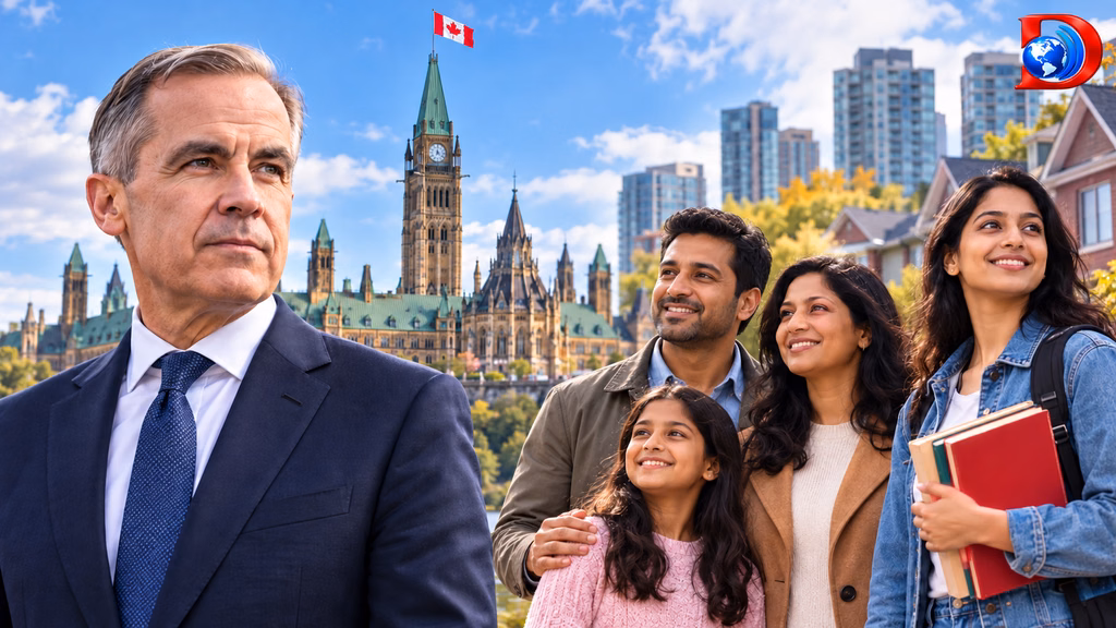 illustration of Mark Carney beside an Indo-Canadian family and student,