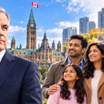 illustration of Mark Carney beside an Indo-Canadian family and student,