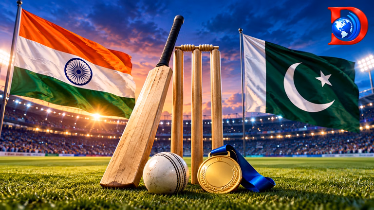 India and Pakistan flags behind a cricket bat, ball, stumps and gold medal in a stadiumIndia and Pakistan face off for Asian Games cricket gold on October 3, 2026