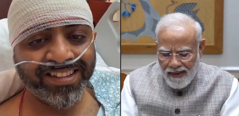 Captain Smit Machchhar speaks from his hospital bed with Prime Minister Narendra Modi during a video call after the flydubai cockpit attack.