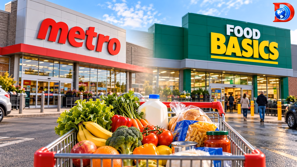 illustration of Metro and Food Basics storefronts