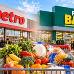 illustration of Metro and Food Basics storefronts