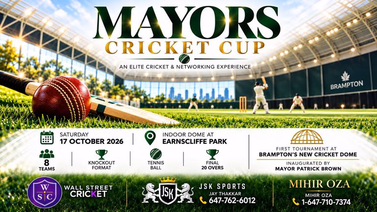 Official Mayor Cricket Cup poster announcing eight-team tennis-ball cricket at Earnscliffe Park’s indoor dome in Brampton on October 17, 2026, with a knockout format and 20-over final.