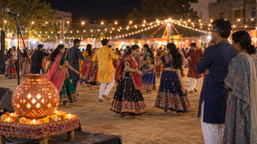 Participants in traditional Gujarati clothing dance garba around a glowing garbo under festive lights